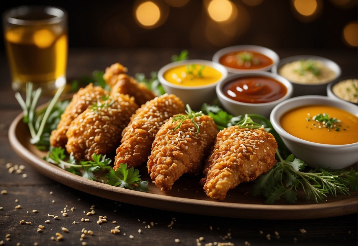 A platter with golden crispy chicken, garnished with fresh herbs and sesame seeds, accompanied by dipping sauces