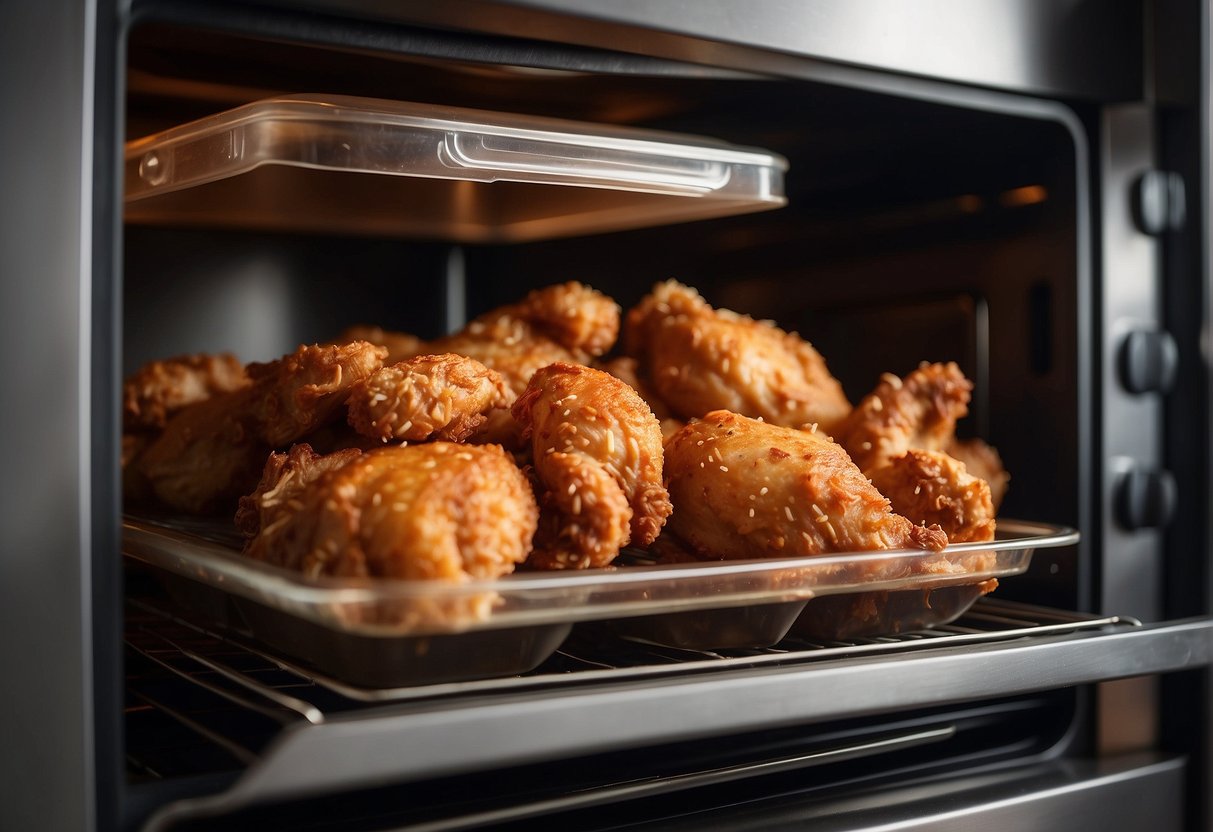 Chinese crispy chicken being stored in airtight container, then reheated in oven
