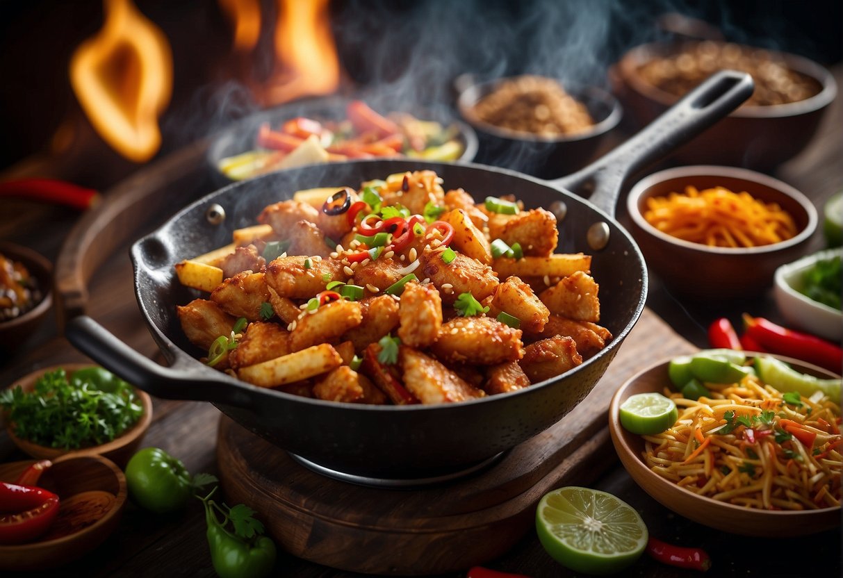 A sizzling wok fries up crispy chicken pieces, surrounded by colorful ingredients and traditional Chinese spices