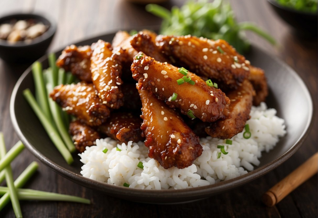 A plate of crispy chicken wings surrounded by soy sauce, garlic, ginger, and green onions. Possible substitutions like tofu or tempeh displayed nearby