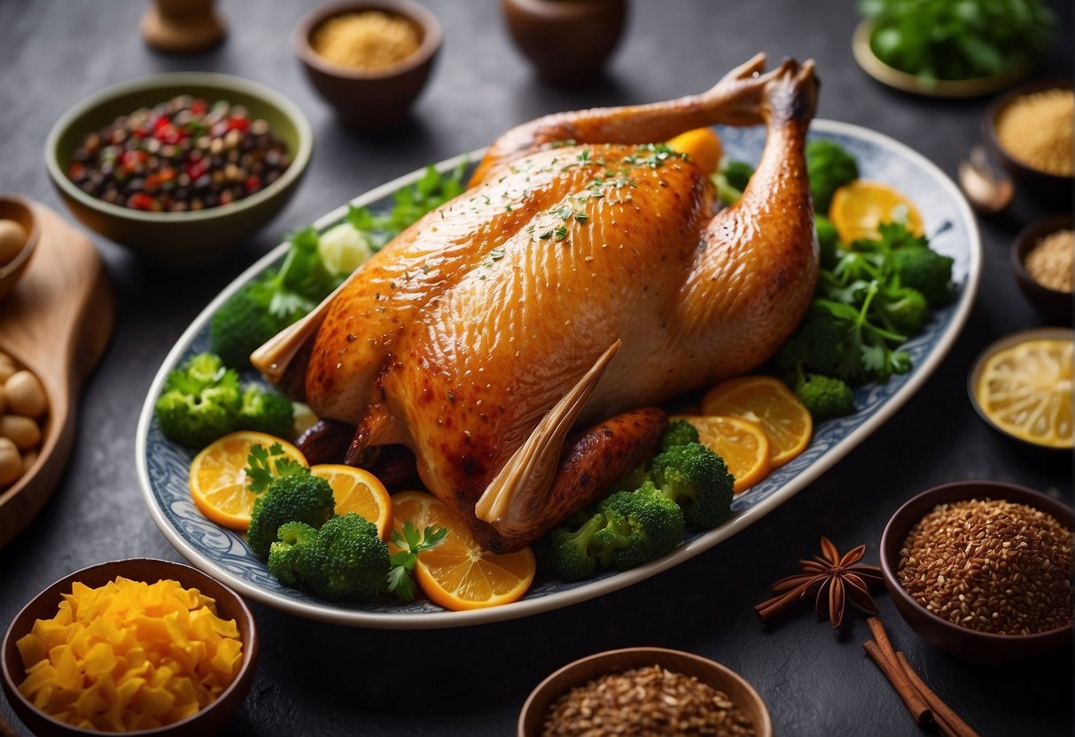 A whole roasted duck with crispy golden skin, surrounded by traditional Chinese spices and garnished with fresh herbs