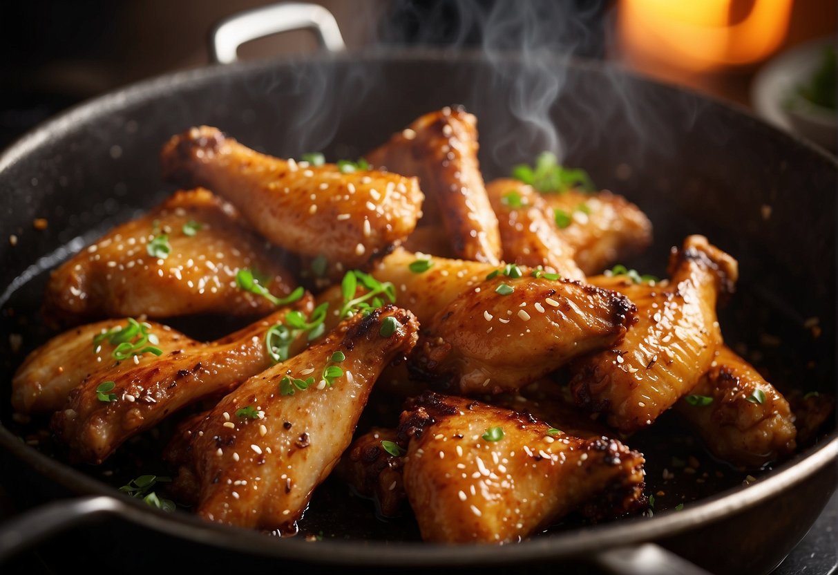 Chicken wings sizzle in hot oil, turning golden brown and crispy. A fragrant mix of soy sauce, ginger, and garlic simmers on the stove