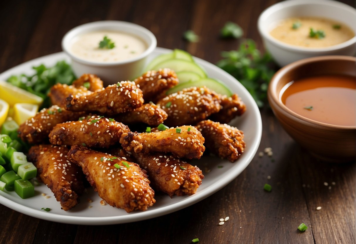 A platter of golden crispy chicken wings garnished with green onions and sesame seeds, accompanied by a side of tangy dipping sauce