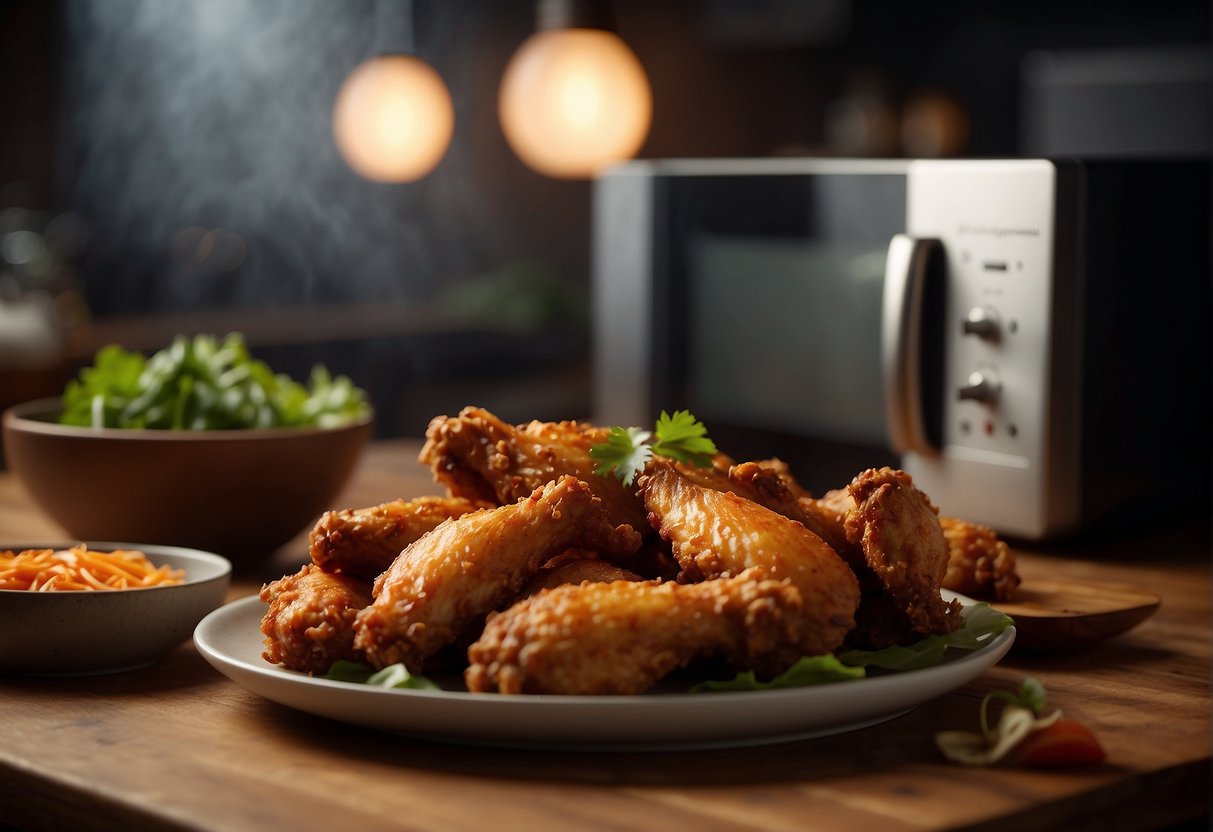 A plate of crispy chicken wings sits on a wooden table next to a microwave. Steam rises as the wings are reheated, filling the room with the aroma of Chinese spices