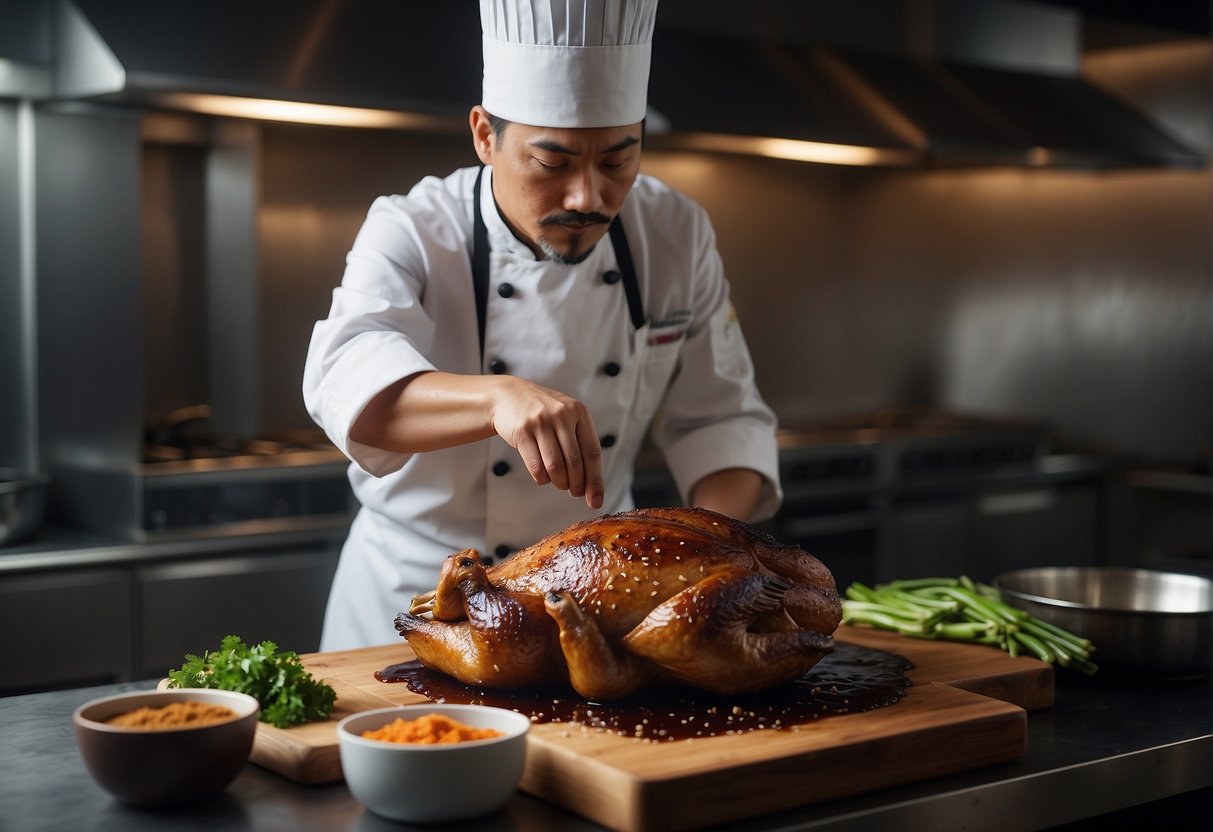 A chef marinates a whole duck in a mixture of soy sauce, hoisin, and five-spice powder before hanging it to dry