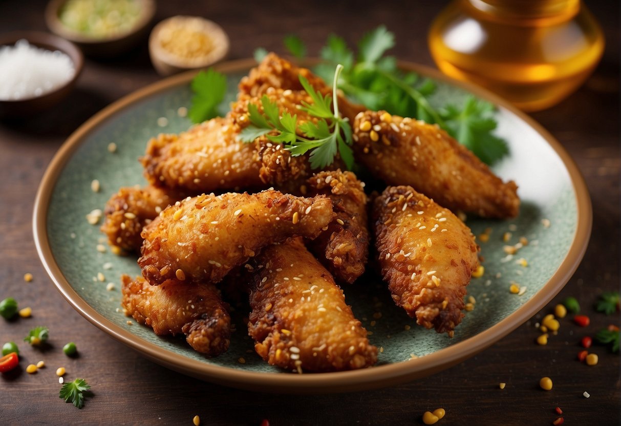 A plate of golden-brown crispy chicken wings surrounded by traditional Chinese spices and garnished with fresh herbs