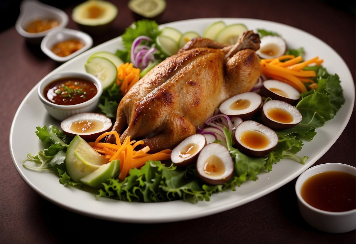 A platter of golden brown crispy duck surrounded by garnishes and dipping sauce