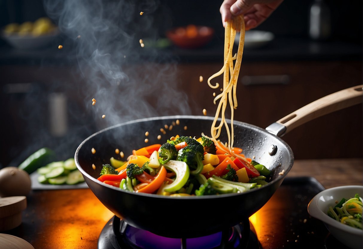 A wok sizzles with colorful, crispy vegetables being tossed in hot oil, emitting a savory aroma. A sprinkle of sesame seeds adds a final touch