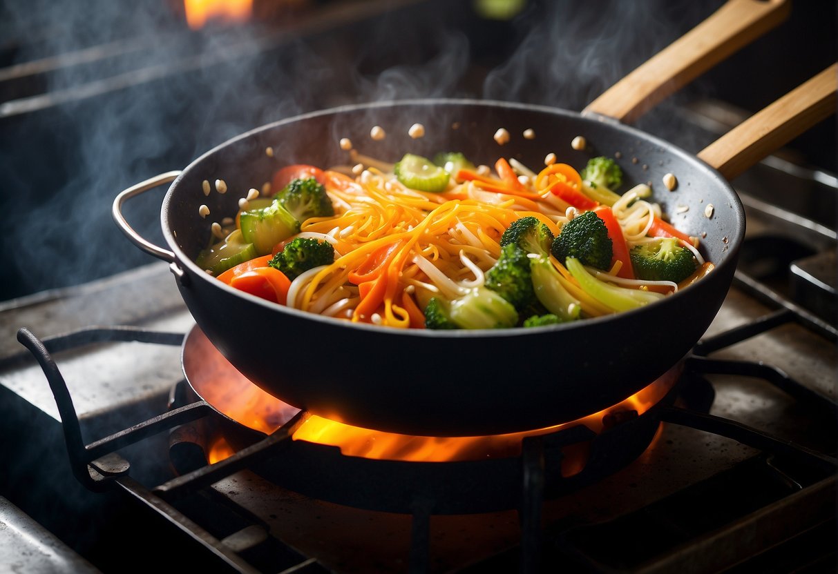 A sizzling wok filled with colorful julienned vegetables frying in hot oil, emitting a tantalizing aroma of garlic, ginger, and soy sauce