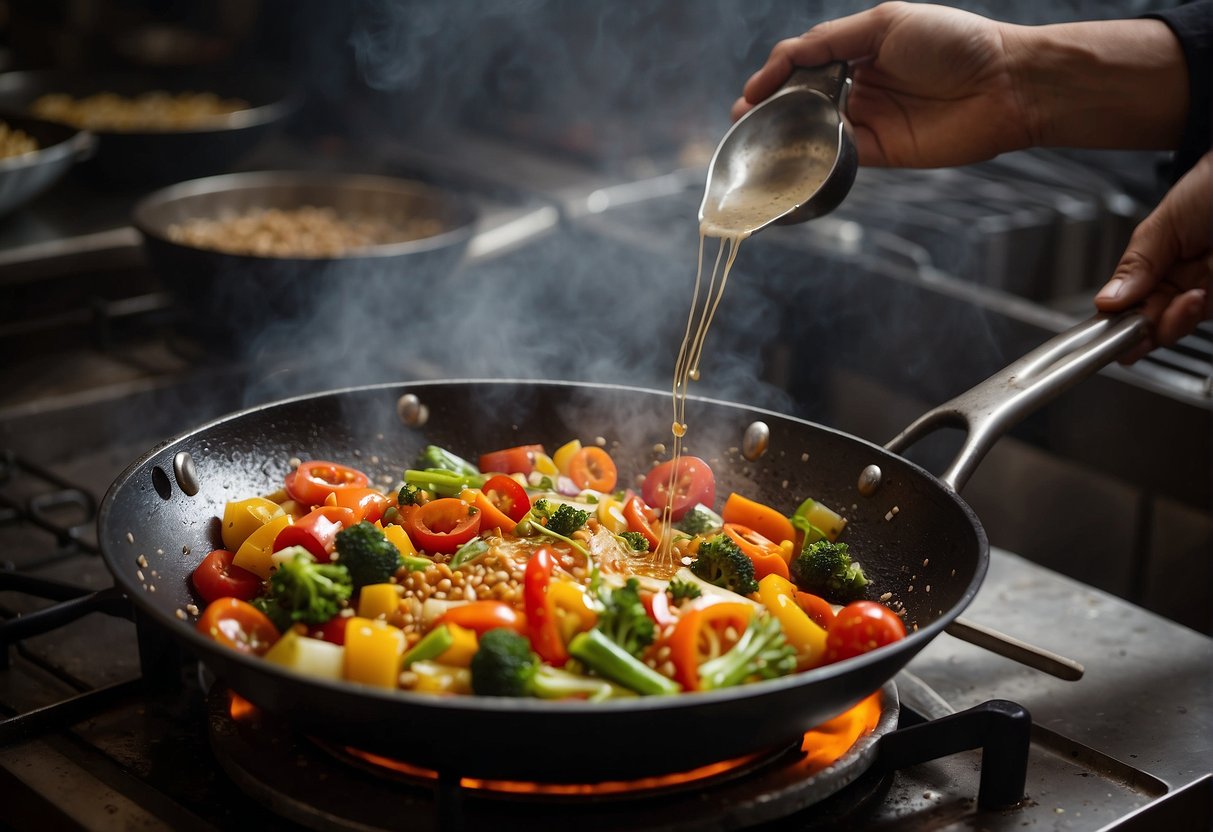 A wok sizzles with hot oil as colorful vegetables are being tossed and fried until crispy. Soy sauce and spices are added for flavor