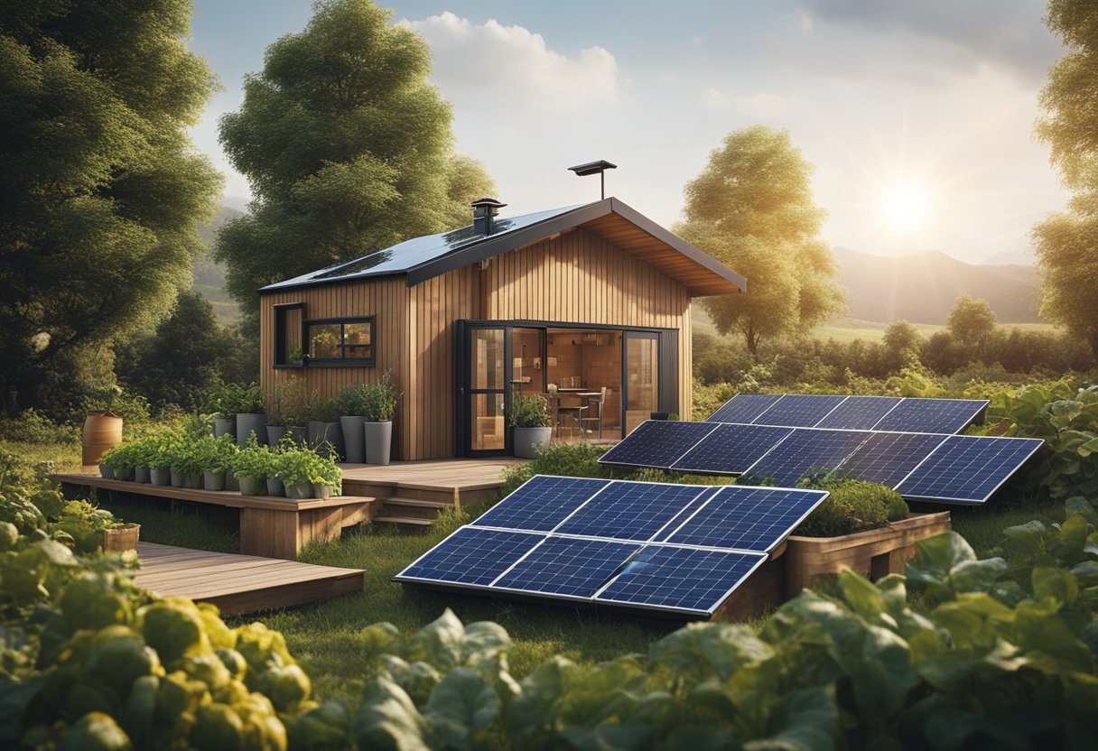 An off-grid cabin surrounded by solar panels and a vegetable garden, with a compost bin and rainwater collection system