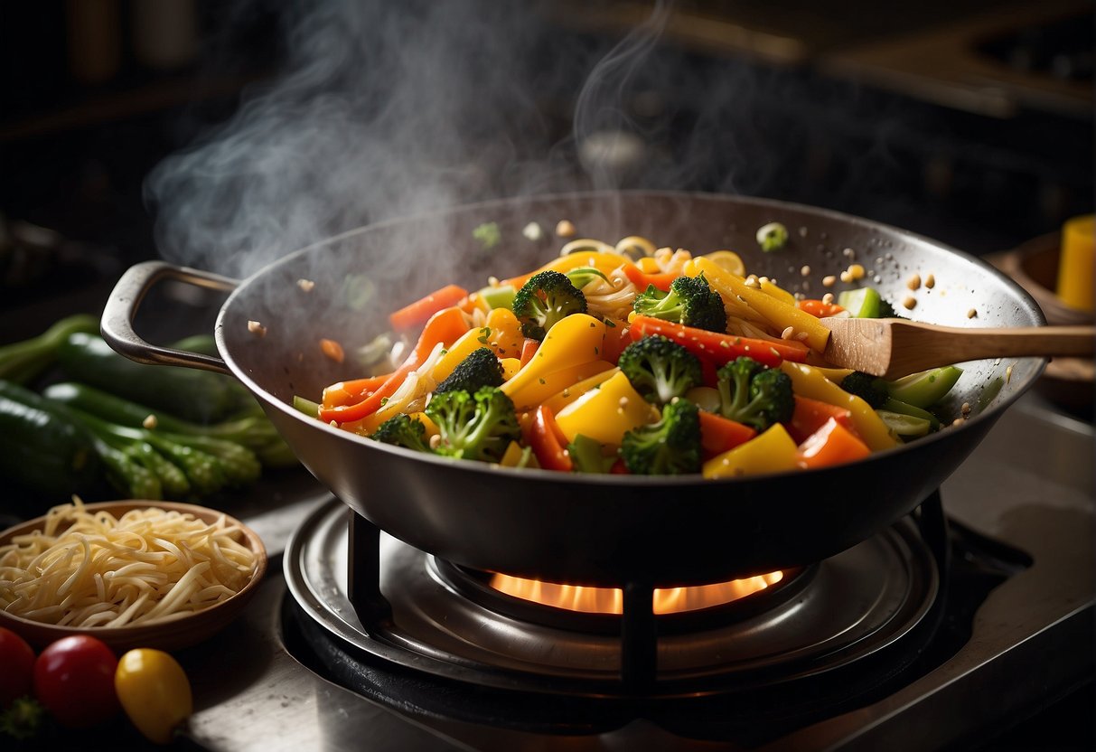 A wok sizzles with hot oil as colorful vegetables are tossed in. Steam rises as the veggies become crispy and golden