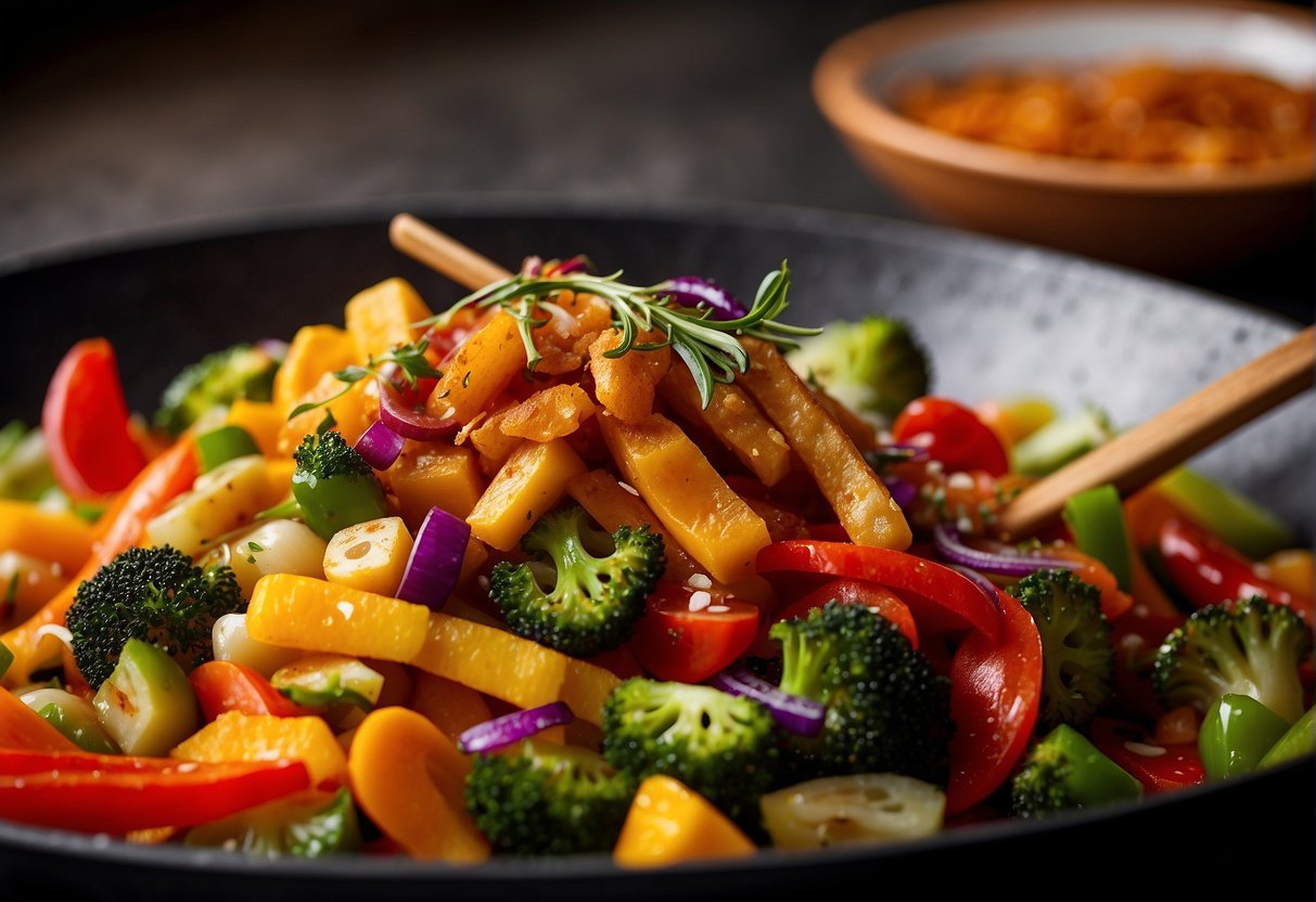 A wok sizzles with a medley of colorful vegetables, coated in a crispy golden batter and drizzled with savory Chinese sauces and seasonings