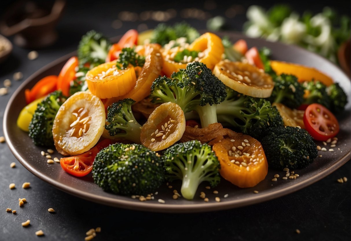A plate of crispy fried Chinese vegetables arranged in a vibrant and colorful display, garnished with sesame seeds and fresh herbs