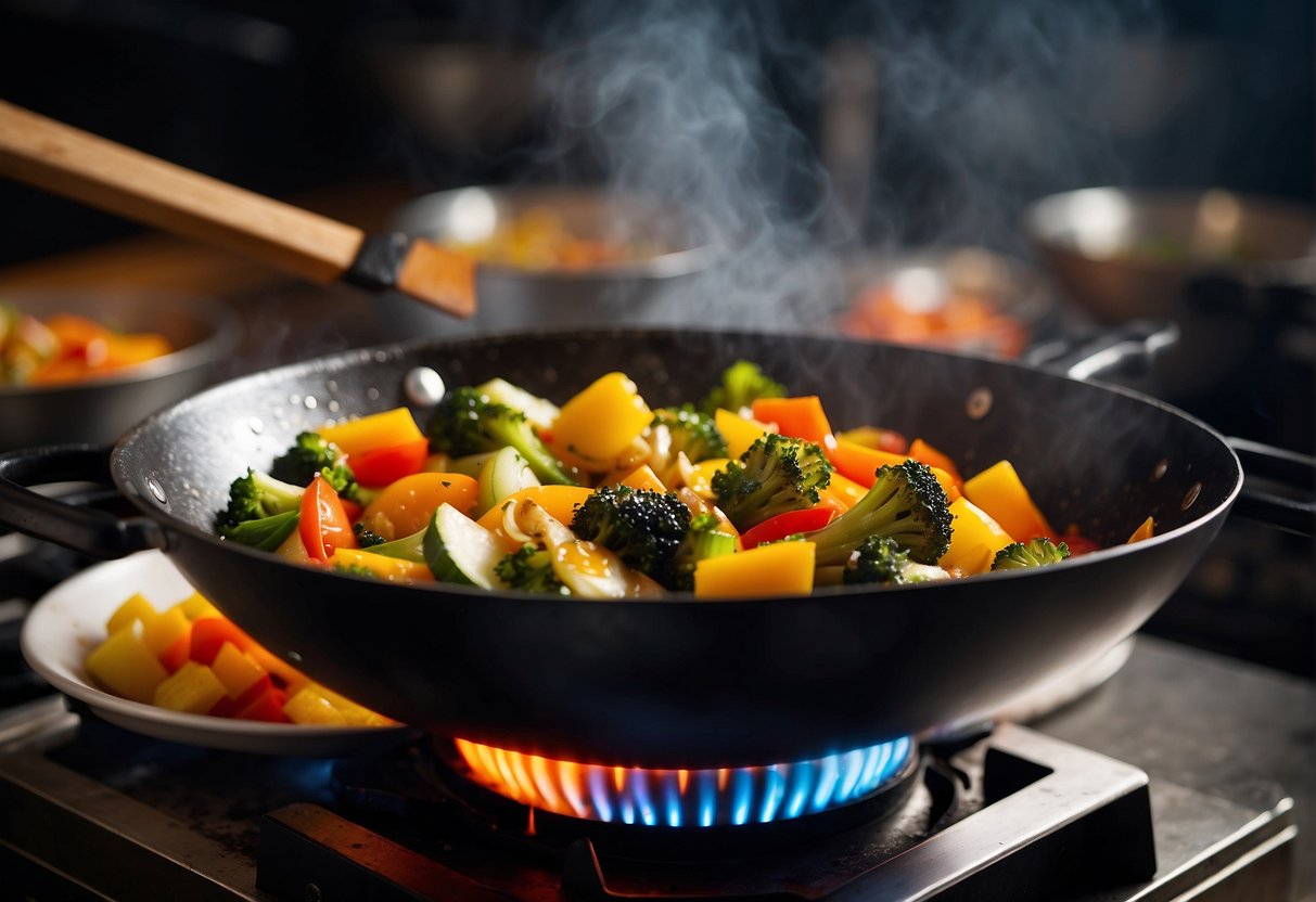 A wok sizzles with colorful vegetables frying in hot oil, emitting a tantalizing aroma. A chef's spatula tosses the veggies, creating a crispy and golden texture