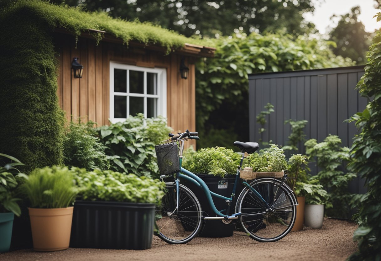 A lush garden with a compost bin, solar panels on the roof, rain barrels collecting water, and a bicycle parked by the front door