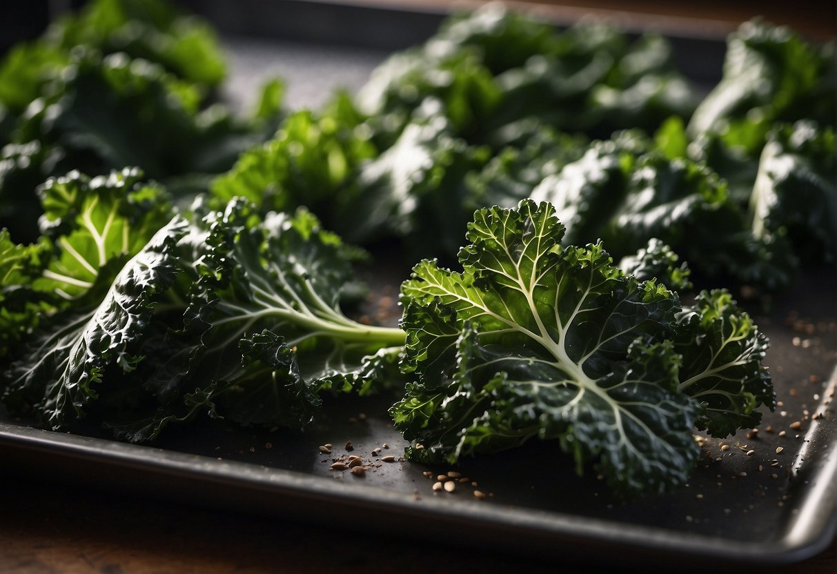 Kale leaves tossed in seasoning, placed on baking sheet, and baked until crispy