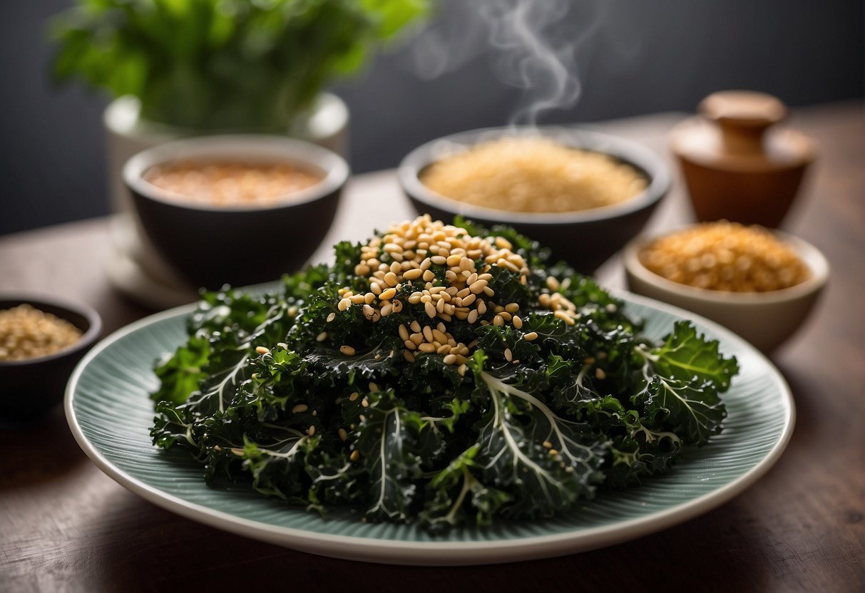 A plate of crispy kale garnished with sesame seeds and red chili flakes, accompanied by a side of soy dipping sauce