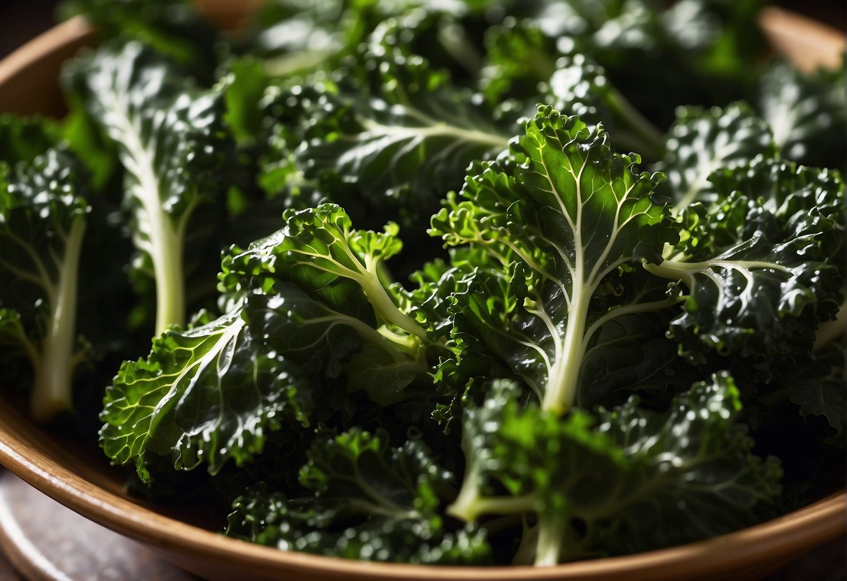 Fresh kale leaves tossed in soy sauce and sesame oil, then baked until crispy. Nutritional information displayed in a clear, easy-to-read format