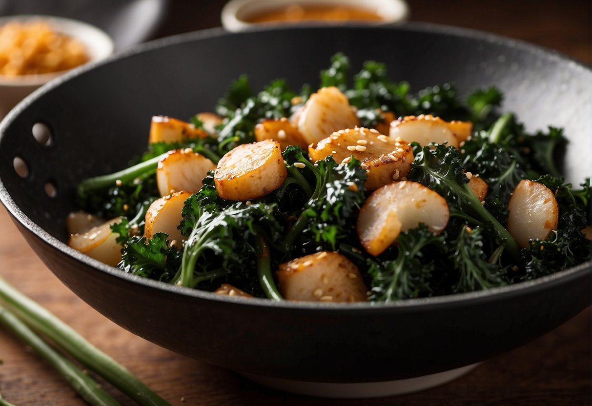 A wok sizzles with crispy kale, soy sauce, and garlic. A bowl of leftover Chinese takeout sits nearby
