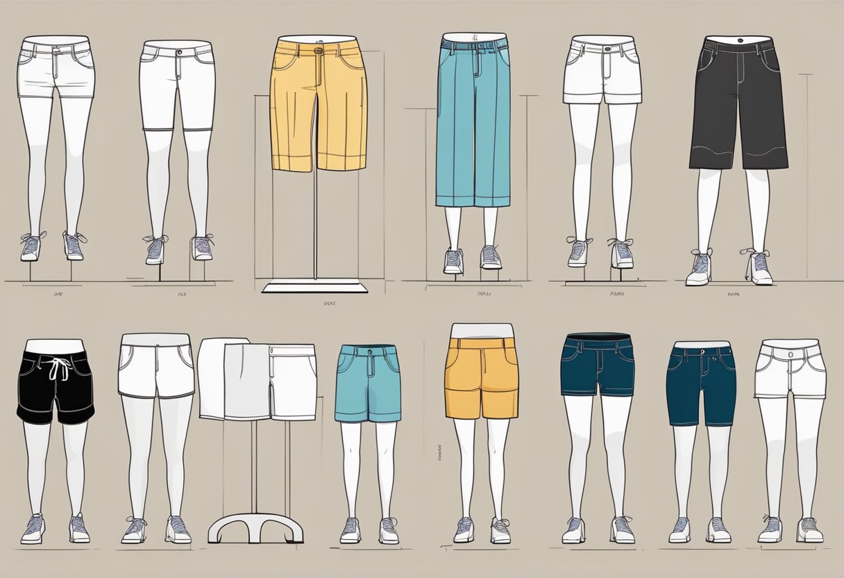 A variety of women's shorts in different styles and sizes displayed on mannequins or hangers, with signs indicating body types for each fit