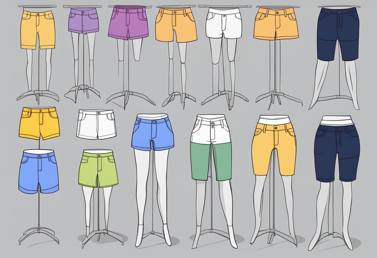 A variety of women's shorts displayed on mannequins, each representing different body types. Labels indicate which shorts suit each body type