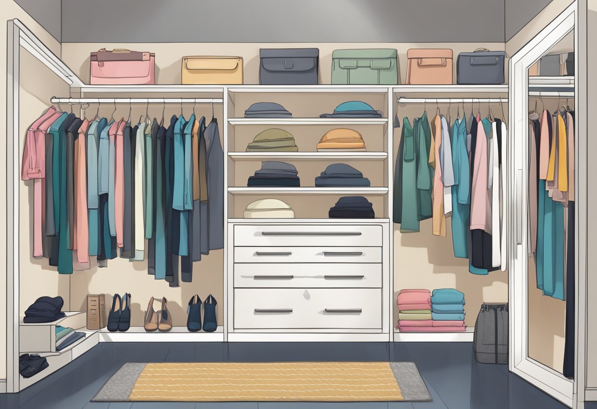 A woman's closet with various styles of shorts neatly folded and organized, with a mirror in the background reflecting the space