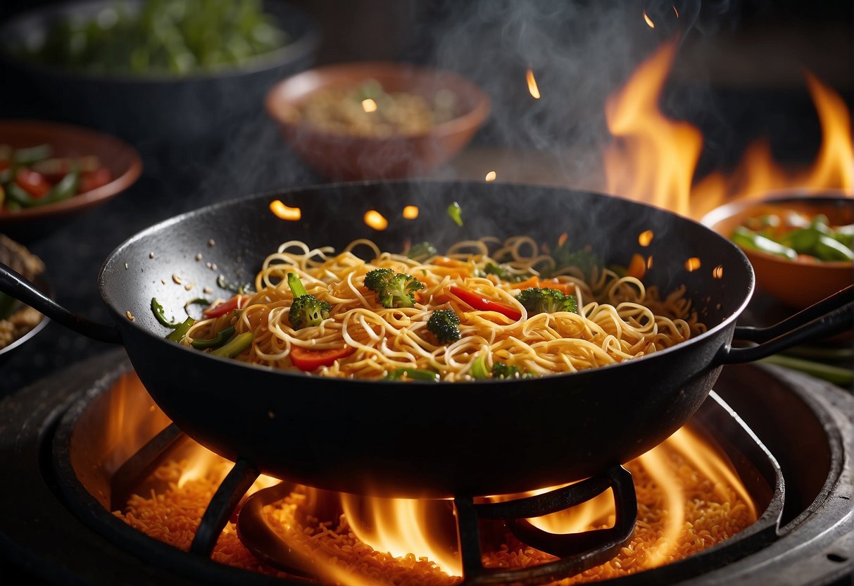 A wok sizzles with hot oil as crispy noodles are fried until golden brown. A medley of vegetables and savory sauces are tossed in, creating a fragrant and flavorful dish