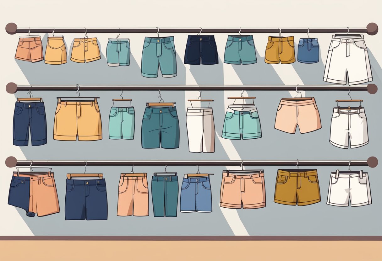 A variety of women's shorts are displayed on racks in a spacious, well-lit store. Different styles and sizes cater to various body types