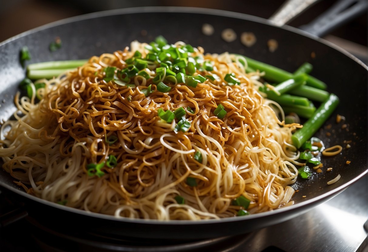 A wok sizzles with hot oil as crispy noodles are tossed with soy sauce, garlic, and ginger. Green onions and bean sprouts are added for a colorful finish