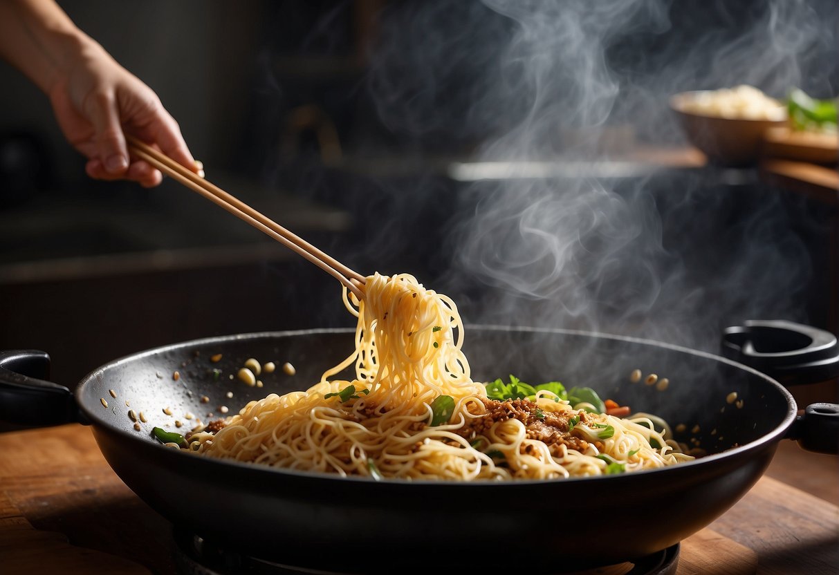 A wok sizzles with hot oil as noodles are fried until golden and crispy. A mixture of soy sauce, sesame oil, and spices is poured over the noodles, creating a tantalizing aroma
