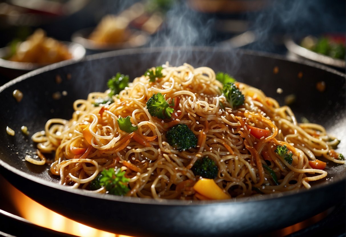 A wok sizzles with crispy noodles, tossed in a savory blend of soy sauce, sesame oil, and spices