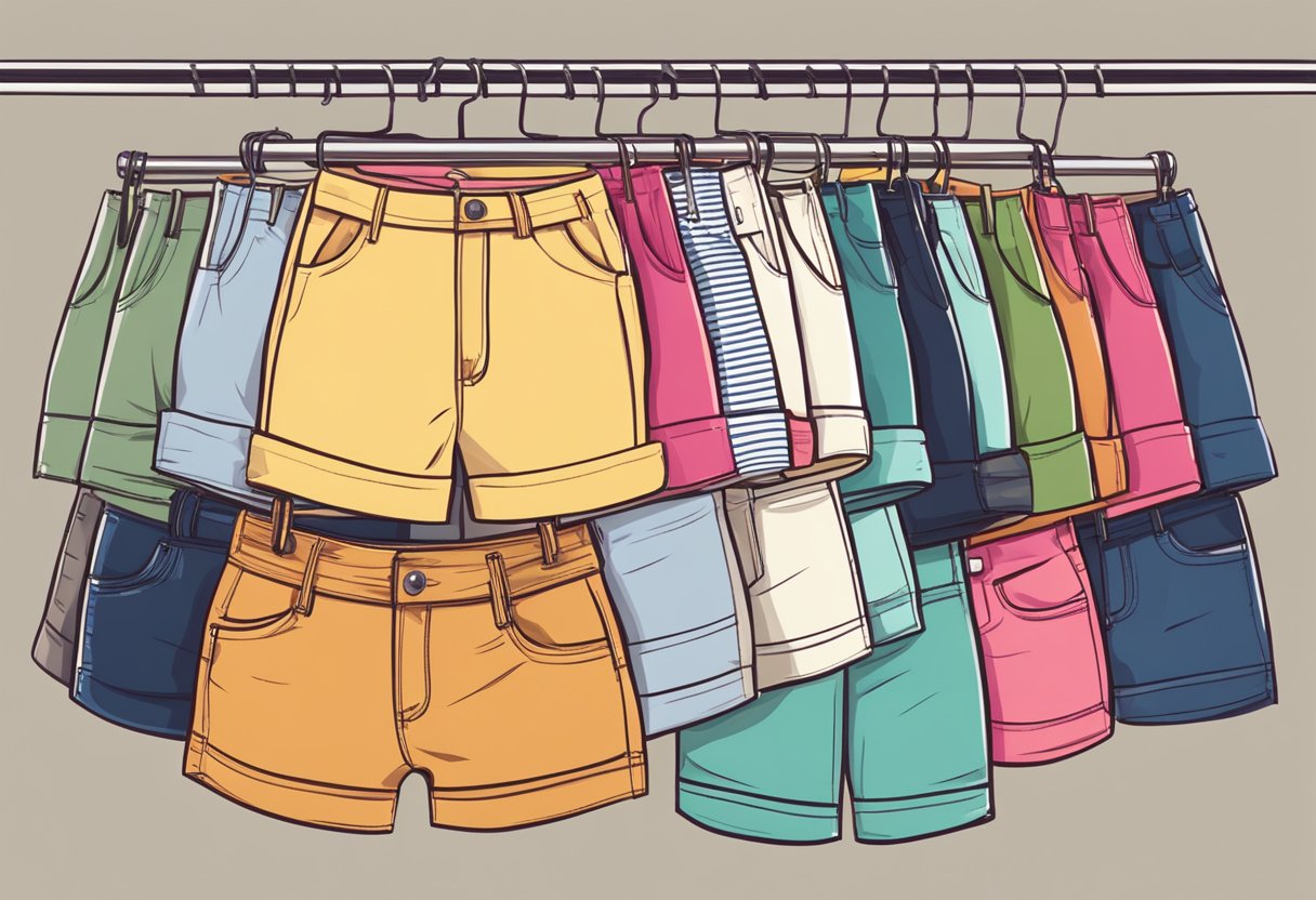 A pile of trendy women's shorts in various fabrics, fits, and designs, neatly displayed on a clothing rack