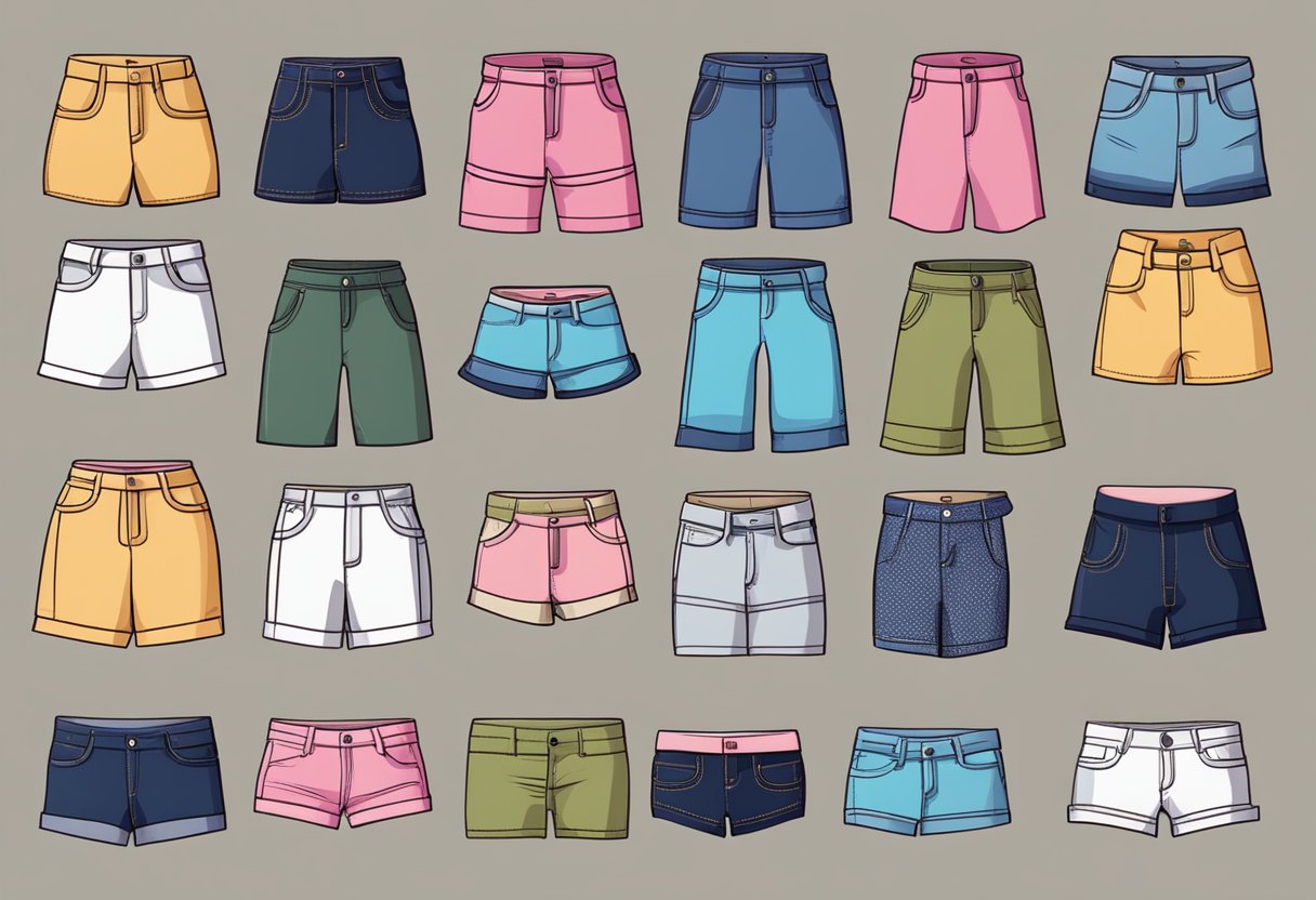 A variety of women's shorts in different fabrics, fits, and designs displayed on a clothing rack or table