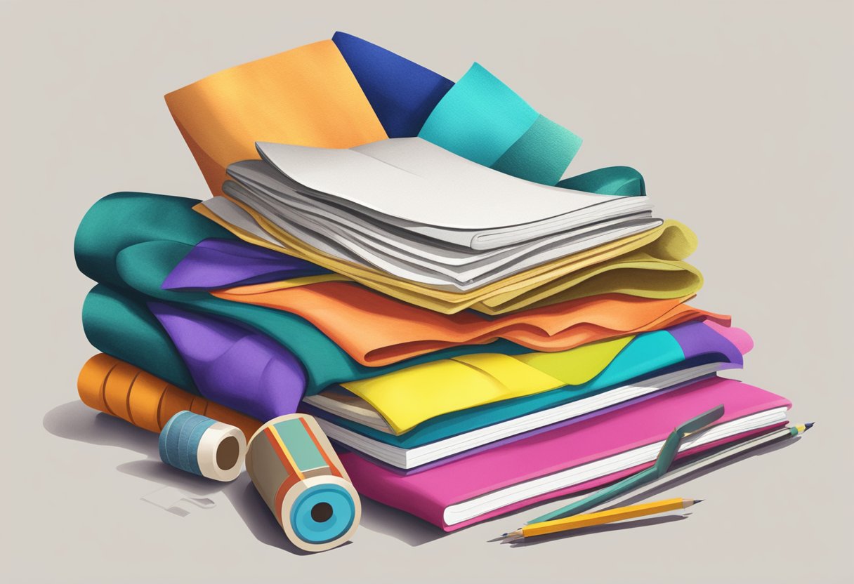 A pile of colorful, textured fabrics, a tape measure, and a sketchbook filled with trendy designs