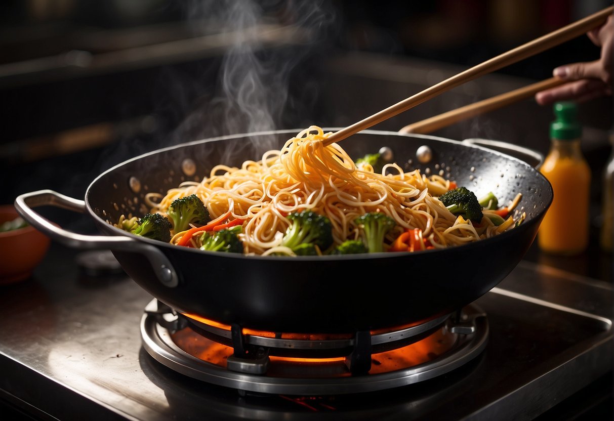 A wok sizzles with hot oil, as crispy noodles are tossed and fried until golden brown. A mix of vegetables and savory sauce is added, creating a fragrant and delicious dish