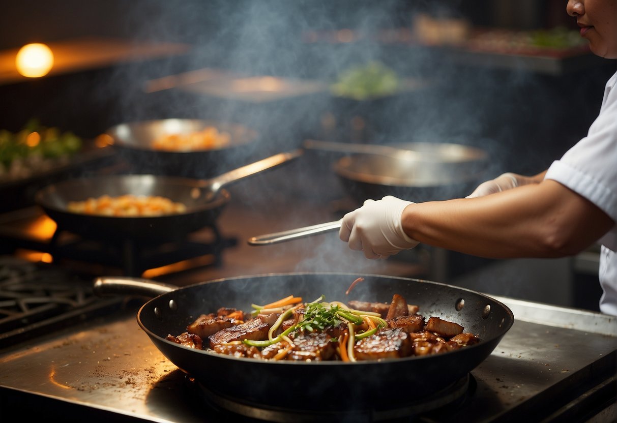 A sizzling wok with marinated pork belly, bubbling oil, and aromatic spices. A chef's hand expertly flips the meat, creating crispy, caramelized perfection