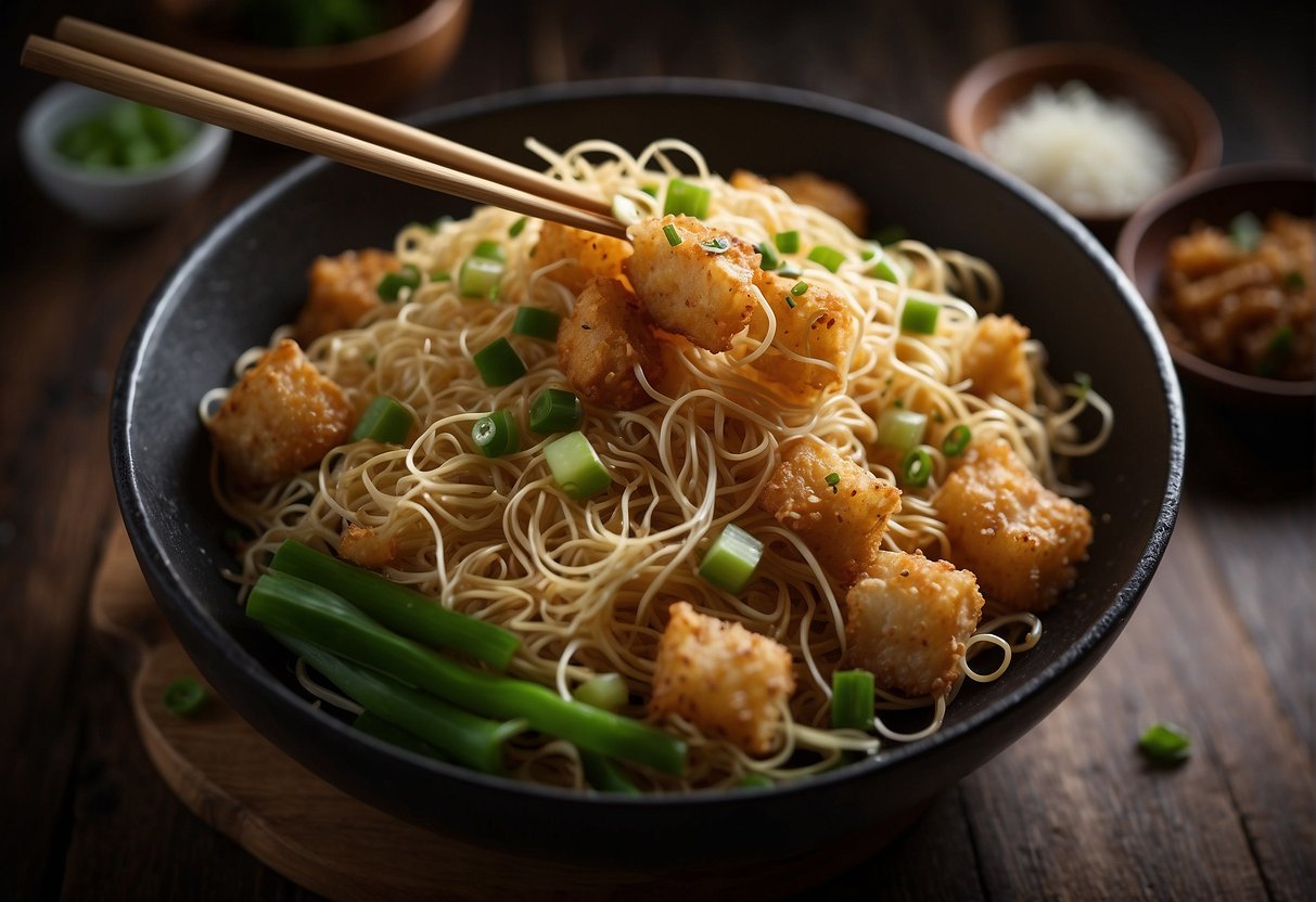 A pair of chopsticks lifting crispy noodles from a wok, with a container of soy sauce and a bowl of chopped green onions nearby