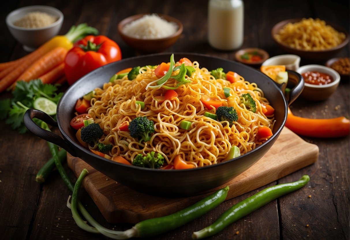 A sizzling wok of golden crispy noodles surrounded by colorful vegetables and savory sauces