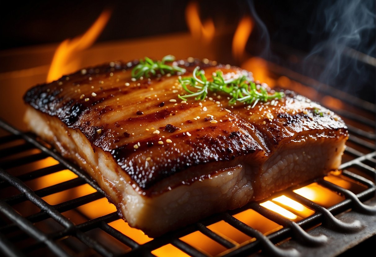 A sizzling pork belly is being roasted in a hot oven, with its crackling skin turning golden and crispy. Soy sauce and spices are being brushed onto the meat, filling the air with a savory aroma