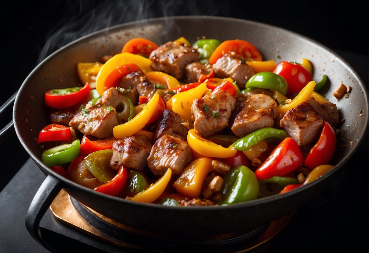 Sizzling pork pieces tossed in a wok with colorful bell peppers, onions, and fragrant spices, creating a mouthwatering aroma
