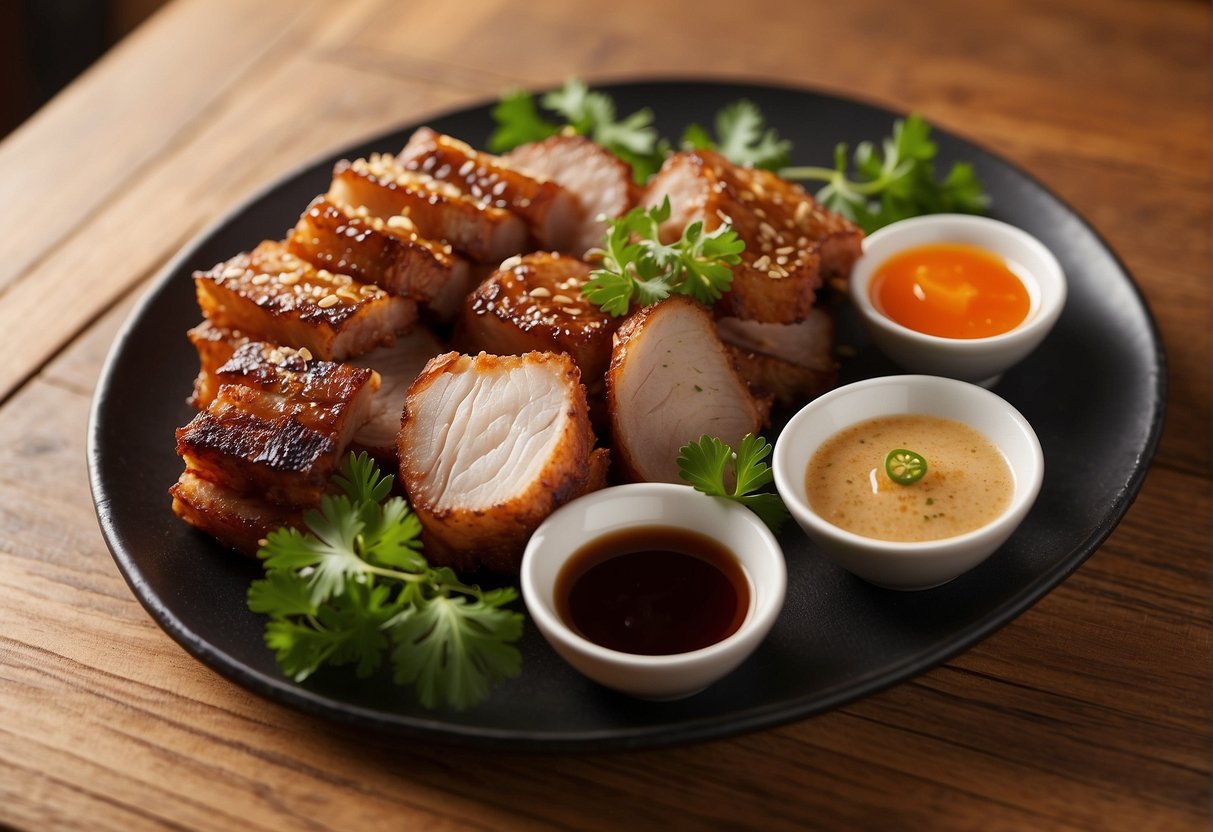 A platter of Chinese crispy pork belly with garnishes and dipping sauces on a wooden table