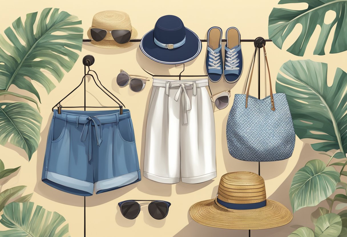 A pair of women's shorts hanging on a hanger, surrounded by stylish accessories like sunglasses, a straw hat, and sandals. The scene exudes a sense of versatility, chicness, and comfort