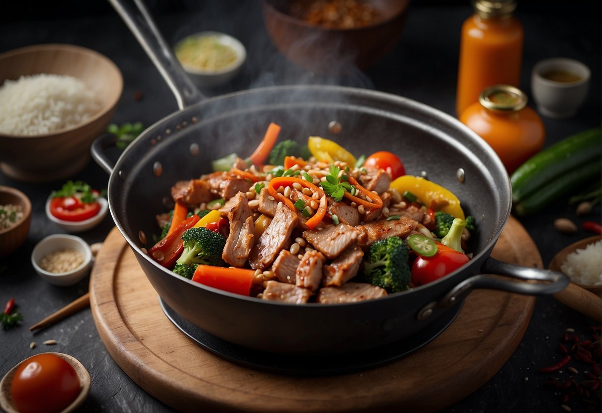 Sizzling pork strips in a wok with colorful vegetables and aromatic spices. A steaming bowl of rice sits nearby