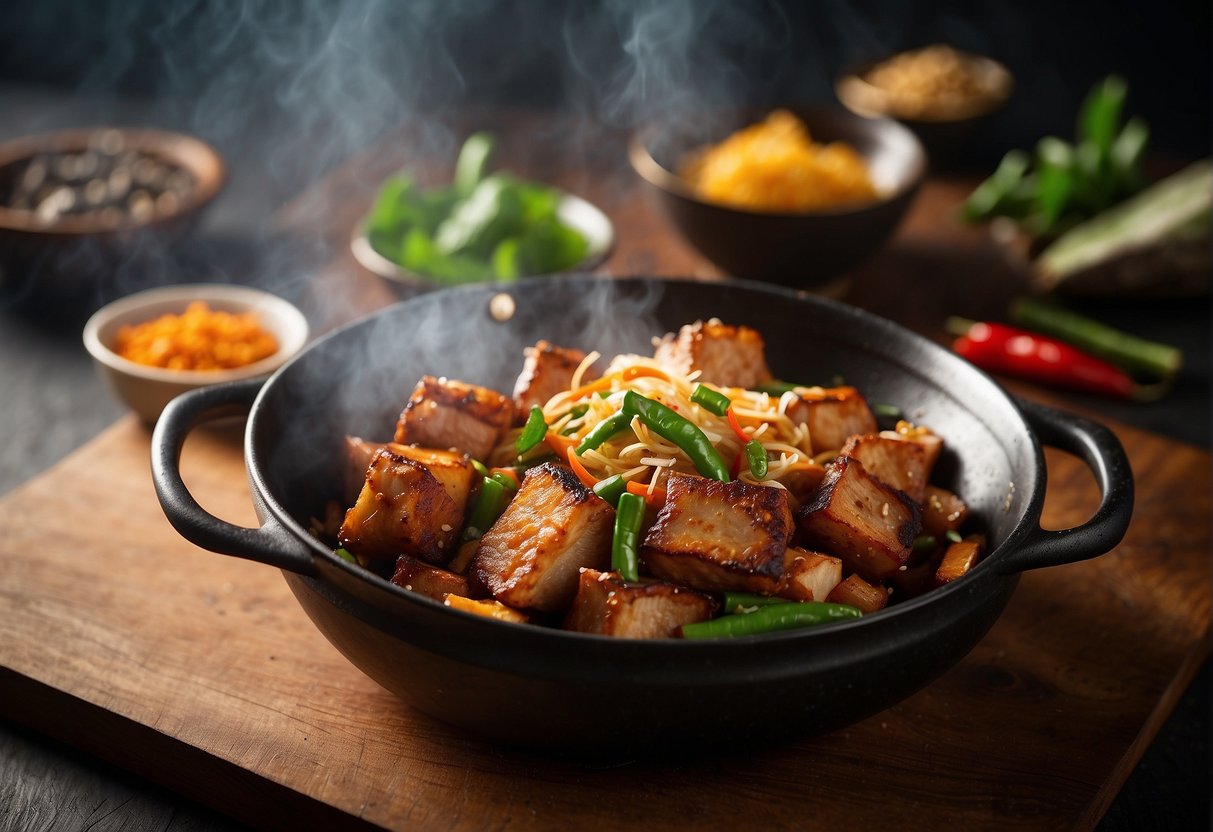 A sizzling hot wok with golden crispy pork belly, surrounded by aromatic spices and herbs