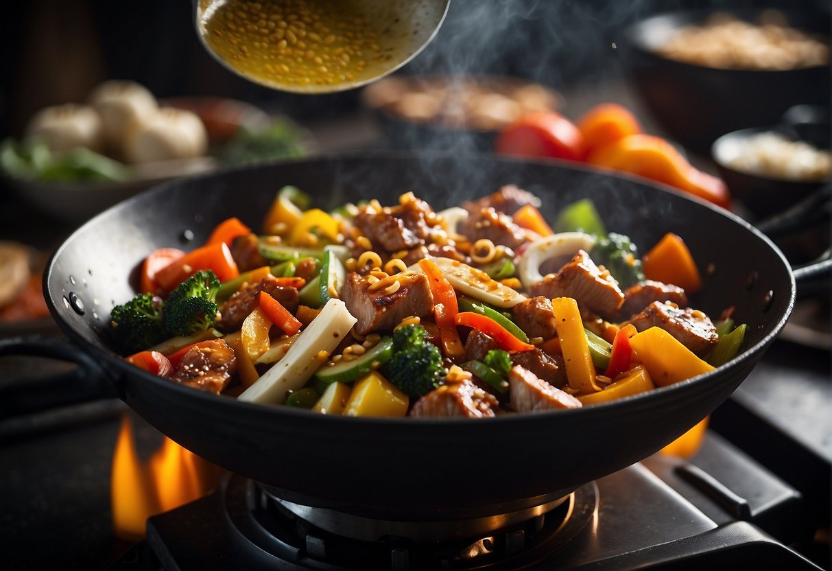 Sizzling wok with marinated pork, garlic, ginger, and colorful vegetables being tossed together in a fragrant, savory sauce