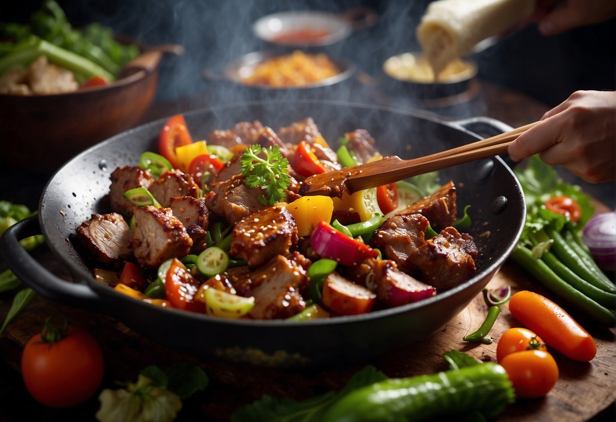 Sizzling pork pieces tossed in a wok with vibrant vegetables and aromatic spices, creating a tantalizing aroma. Oil splattering as the pork crisps up, while the vegetables maintain their vibrant colors