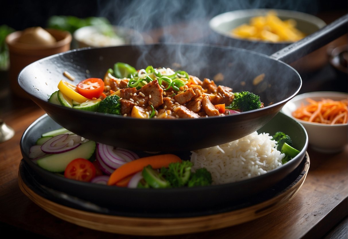 A sizzling wok filled with crispy pork, colorful stir-fried vegetables, and aromatic spices. A steaming bowl of fluffy white rice sits nearby