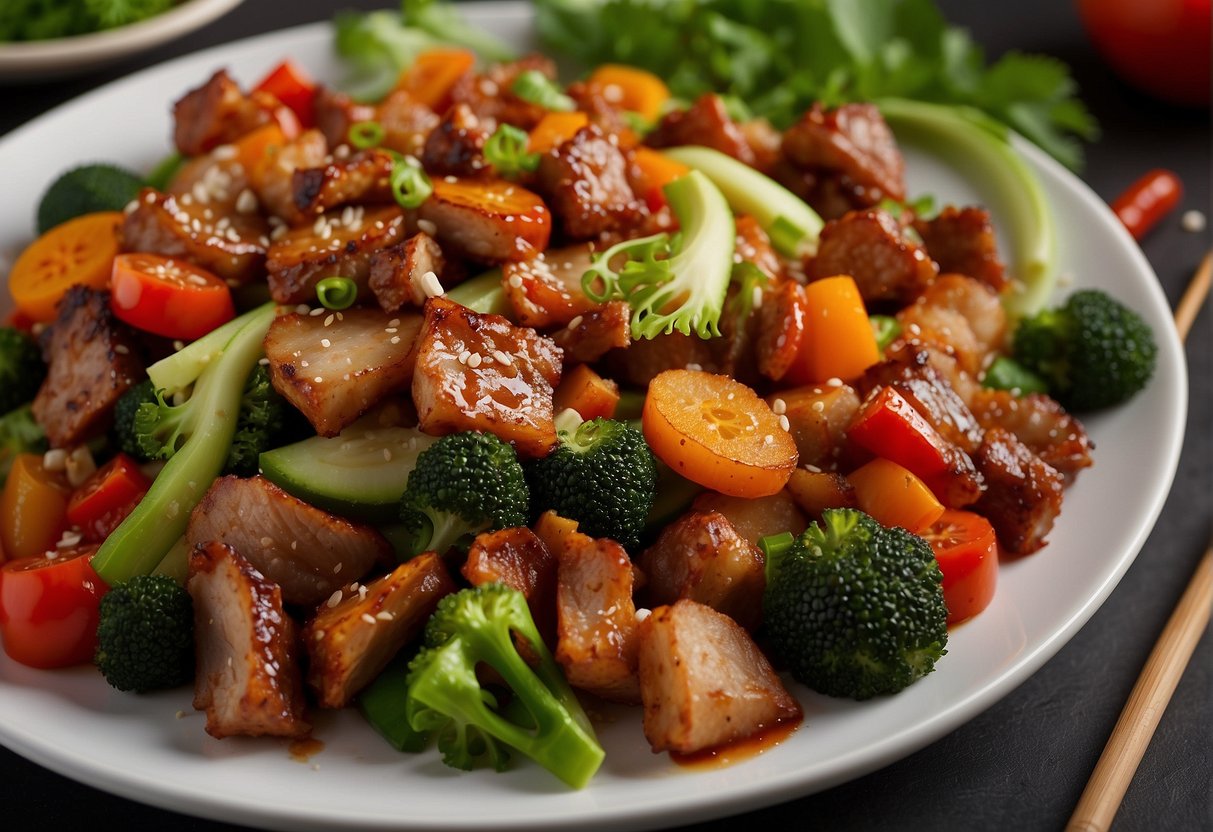 A sizzling wok with Chinese crispy pork stir fry, surrounded by fresh vegetables and aromatic spices. A nutrition label with detailed information is visible in the background