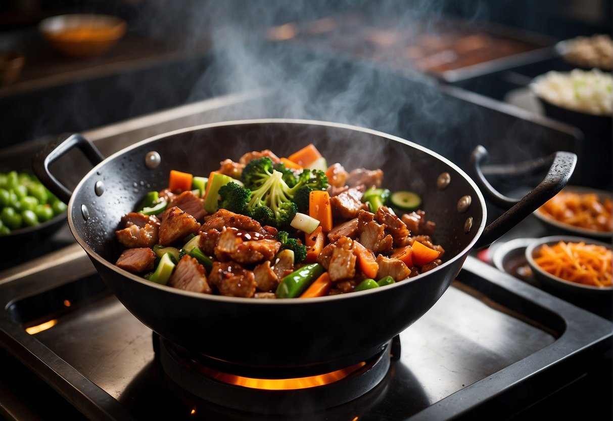 A sizzling wok with chunks of crispy pork, stir-fried with Chinese vegetables and savory sauce. Steam rises as the aroma of garlic and ginger fills the air